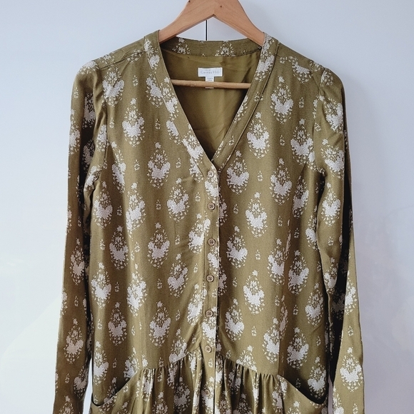 Garnet Hill Olive Green Floral Drop Waist Dress - Picture 3 of 14